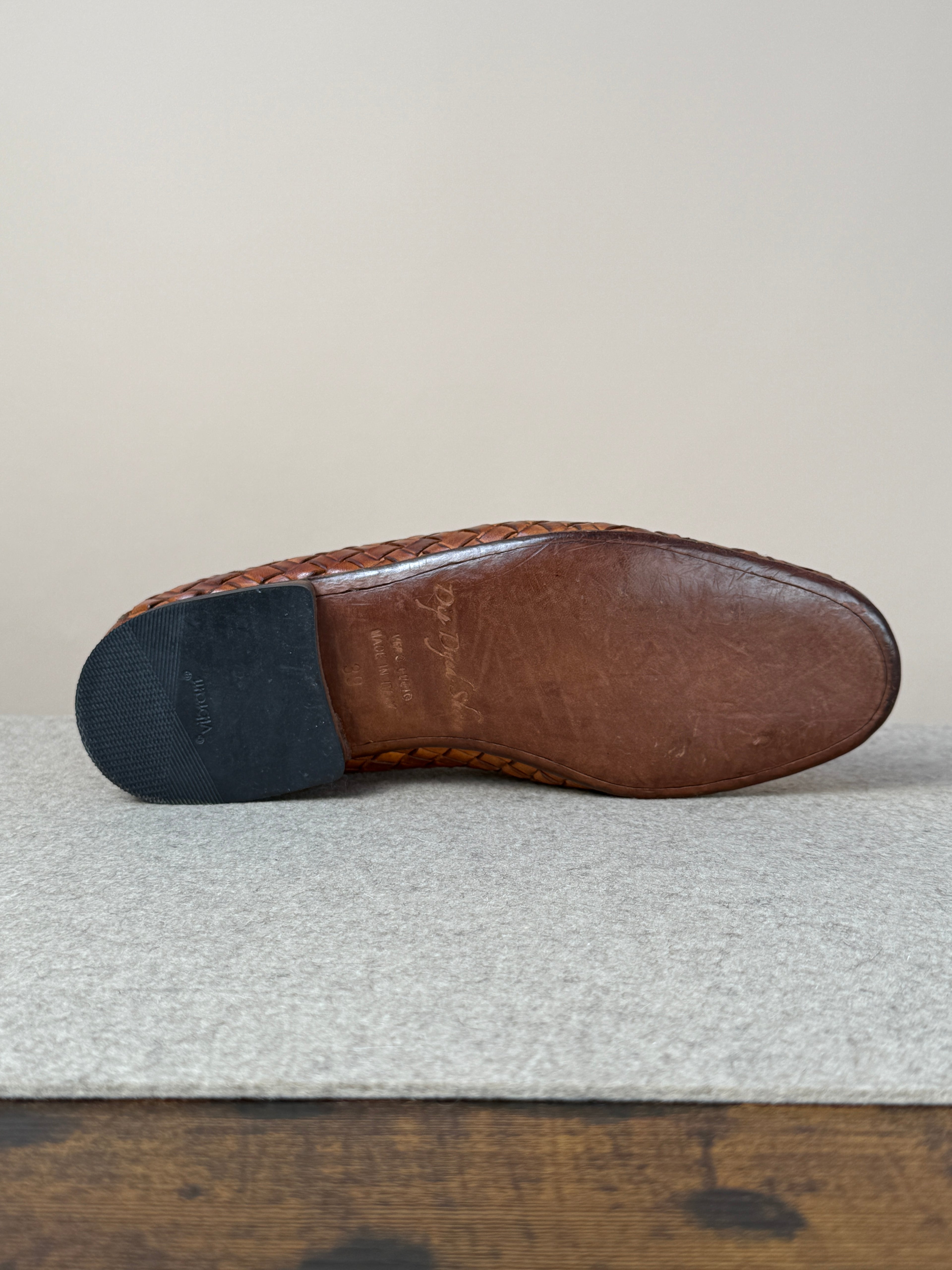 Mario Bemer Dolcevita woven leather loafer in cuoio with detailed stitching and classic slip-on design.