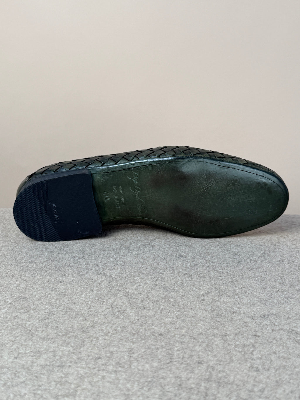 Green Dolcevita woven loafer by Mario Bemer, showcasing stylish woven leather details and classic slip-on footwear design.