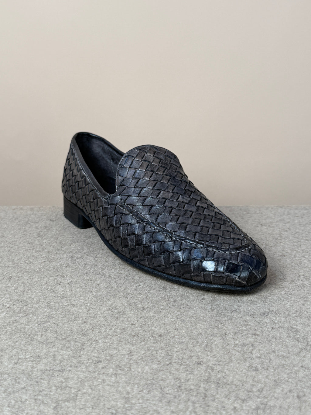 Mario Bemer Dolcevita woven loafer in stone color, showcasing a stylish slip-on footwear design with intricate woven detailing.