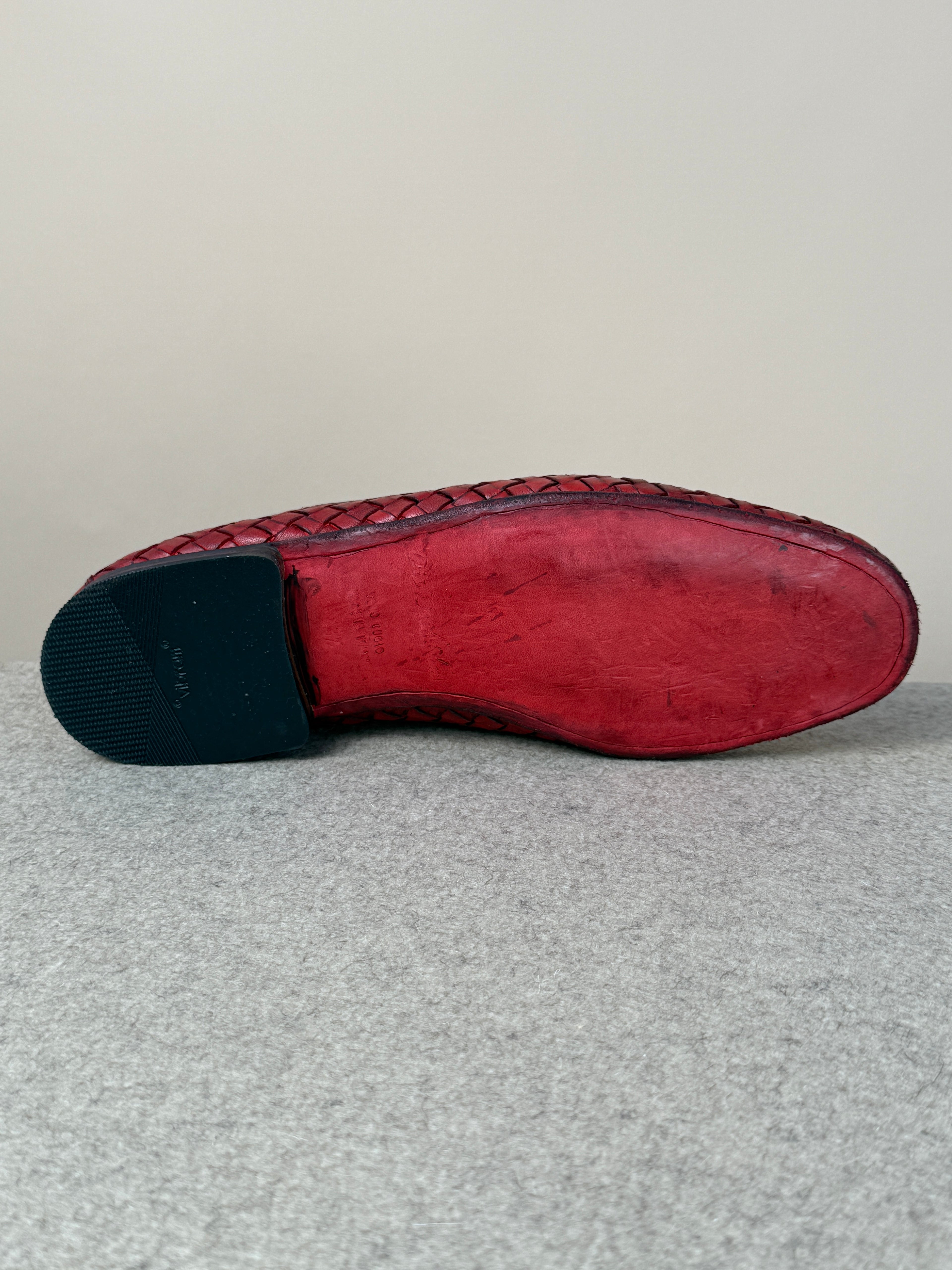 Mario Bemer Dolcevita woven loafer in Ciliegia red leather, showcasing classic slip-on footwear with detailed woven design.