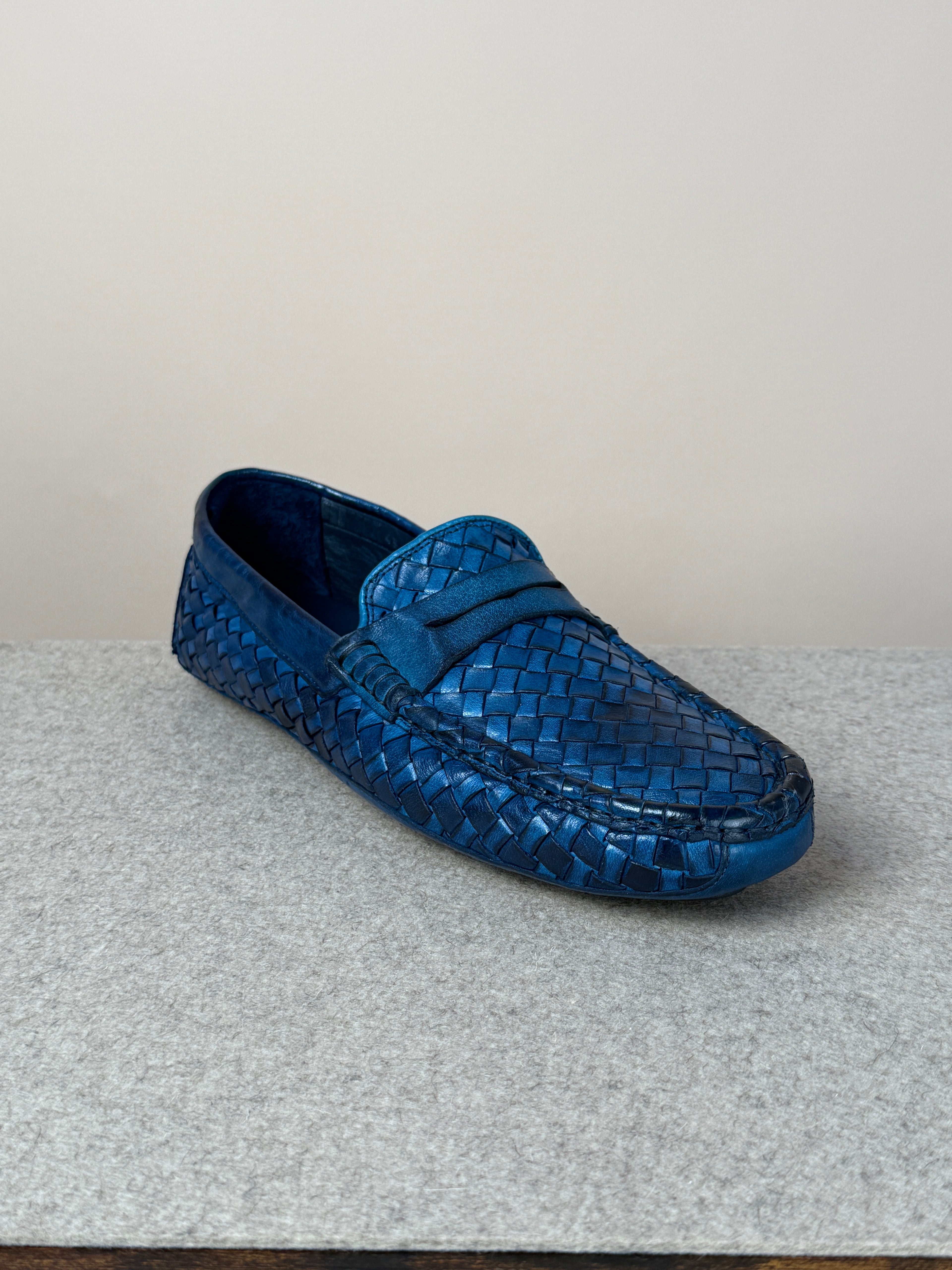 Mario Bemer woven driving loafer in indigo, showcasing stylish leather footwear with intricate weaving details.