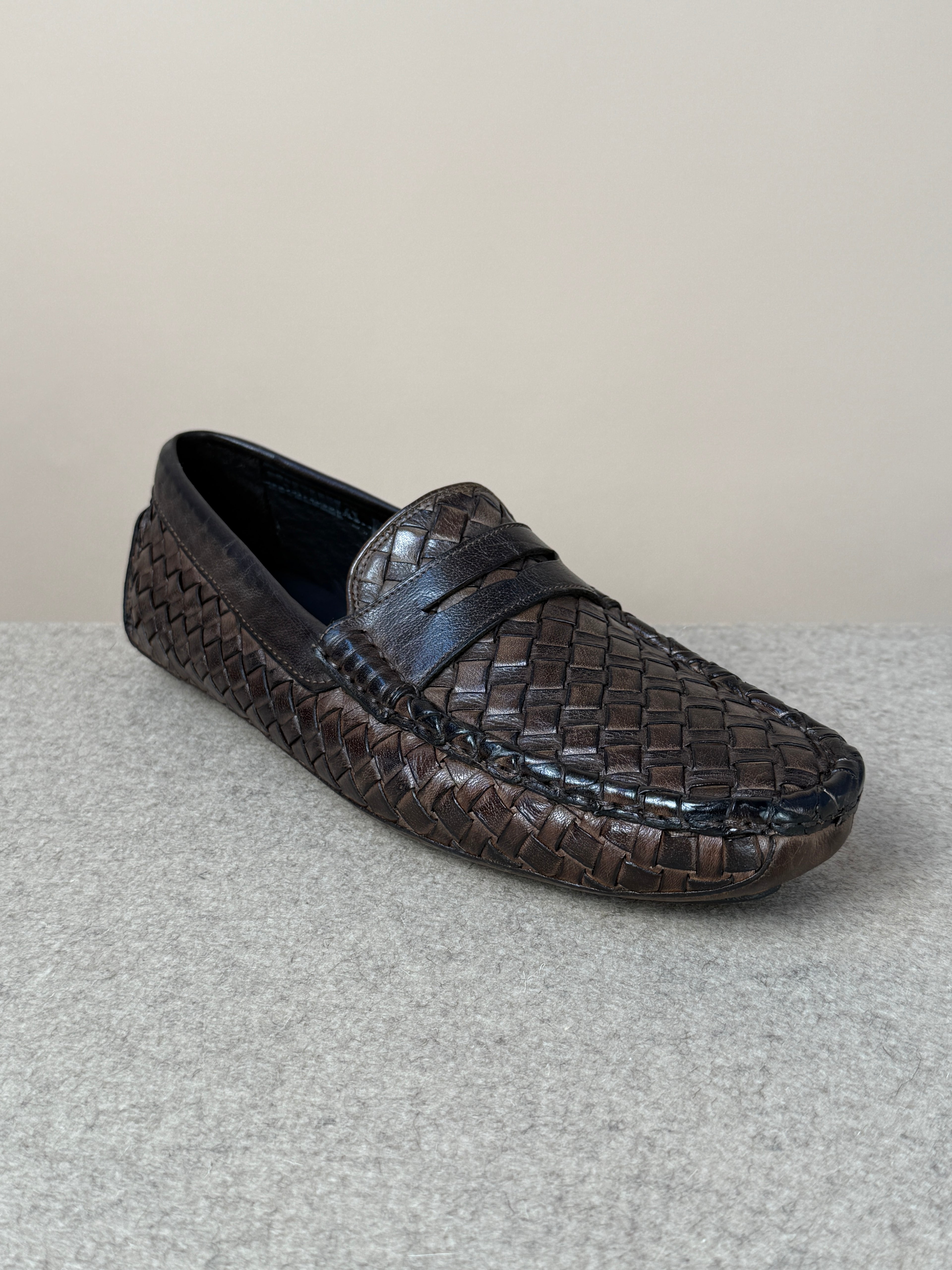 Mario Bemer woven tobacco driving loafer showing detailed woven leather design and classic slip-on footwear style.