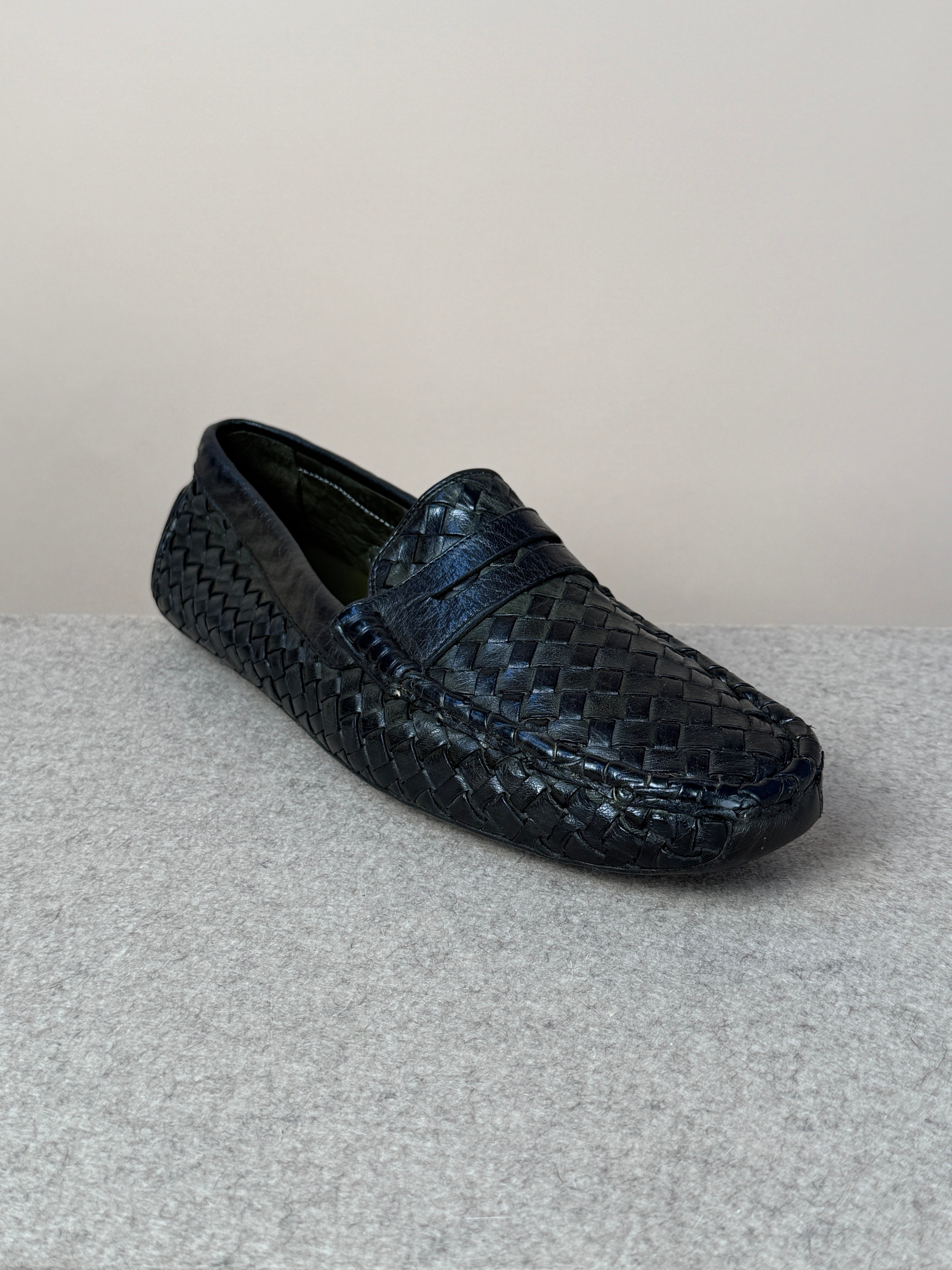 Green woven driving loafer by Mario Bemer, stylish footwear with intricate woven design and comfortable slip-on style.