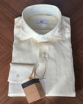Light yellow Lemon Linen Shirt by 100Hands, featuring a relaxed fit and breathable linen fabric, displayed on a hanger.