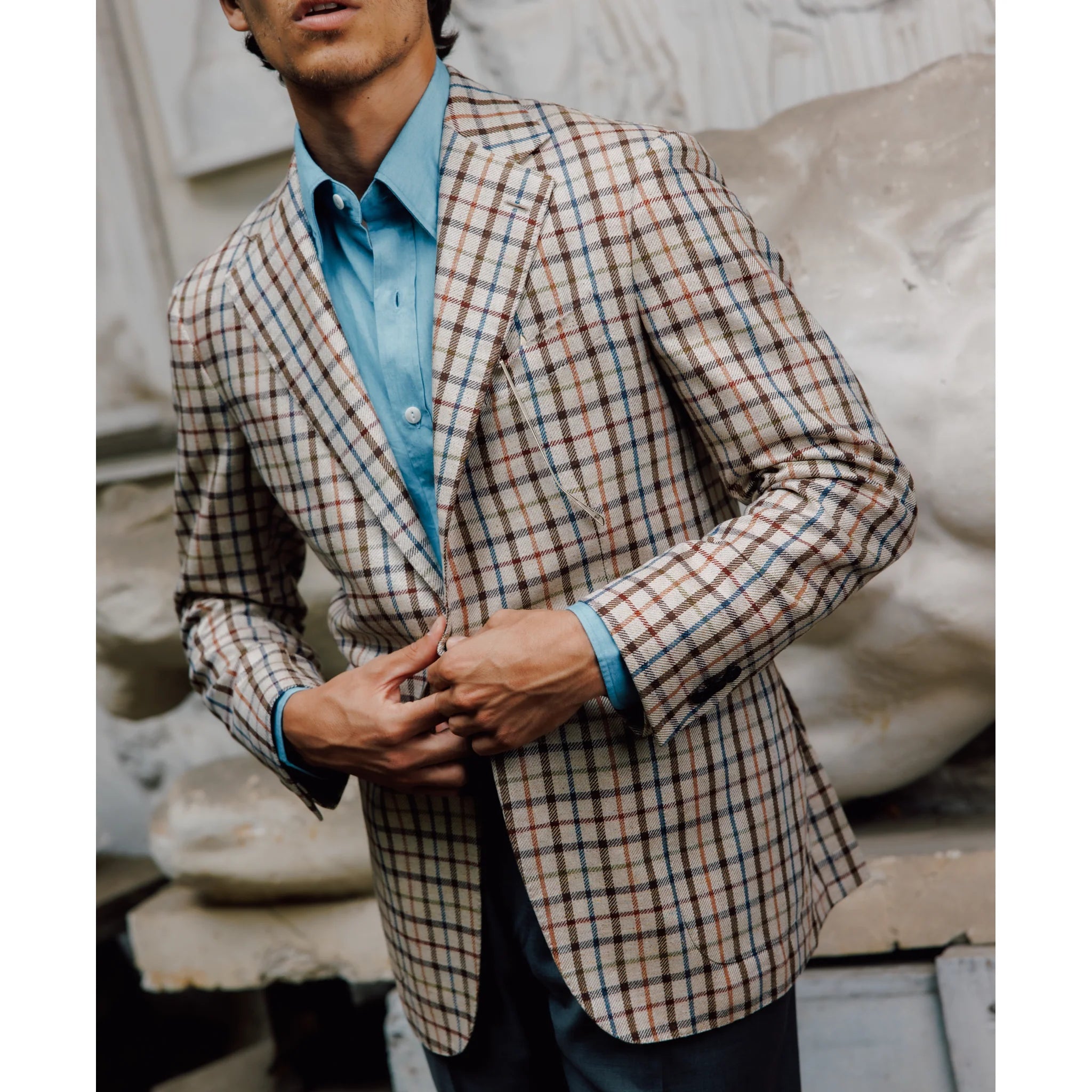 J.Mueser Silk Waverly Jacket in Deco Check pattern, showcasing a stylish, lightweight clothing piece with a classic check design.