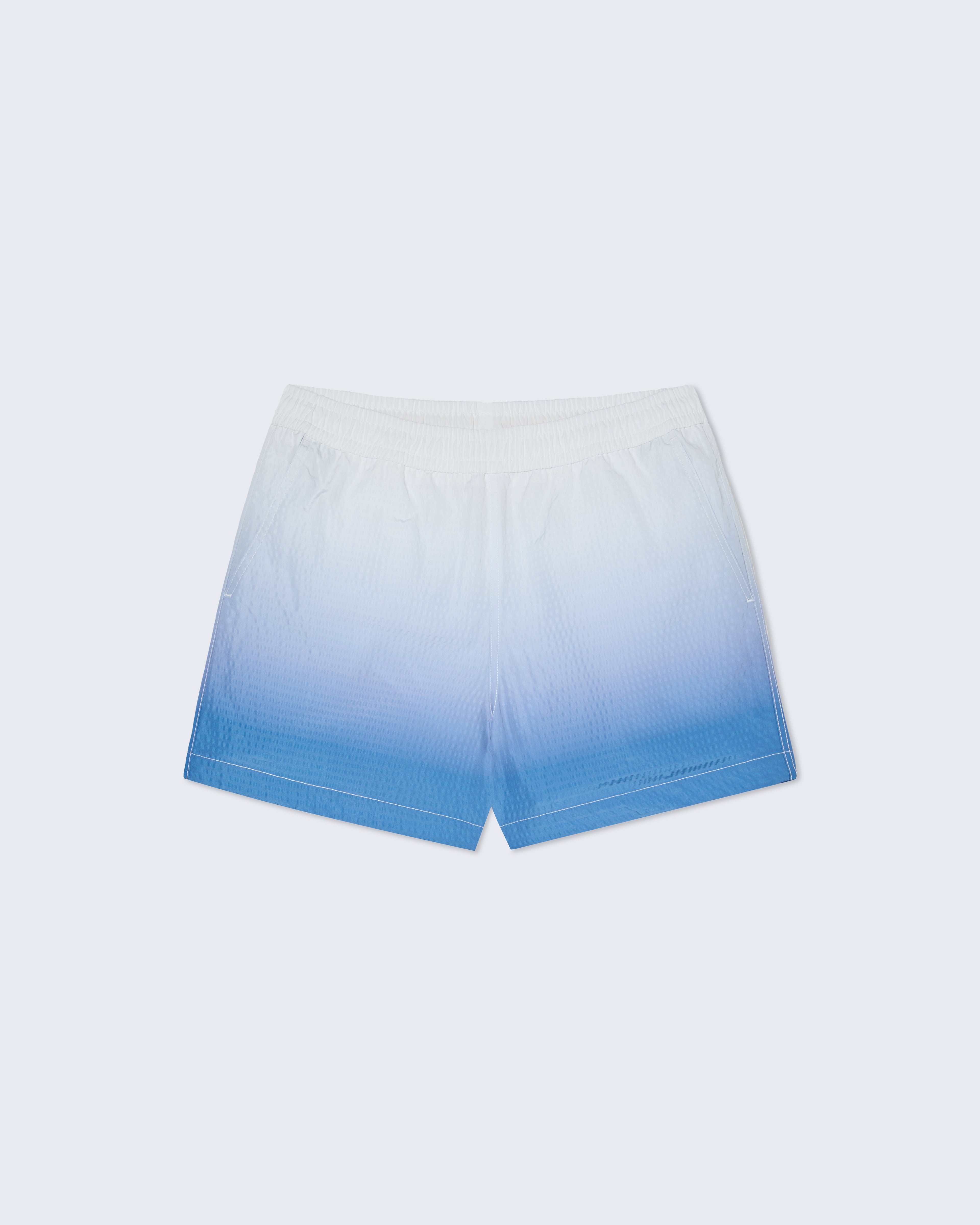 La Paz Fontes seersucker swimsuit in off-white and blue, with a stylish off-shoulder design and textured seersucker fabric.