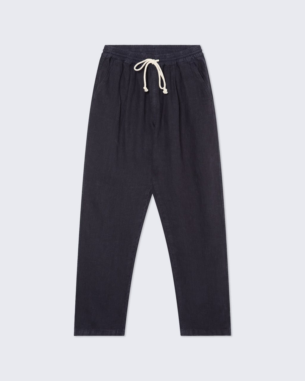 La Paz ponte linen lounge pants in dark navy, relaxed fit, lightweight fabric, with an elastic waistband, casual clothing.