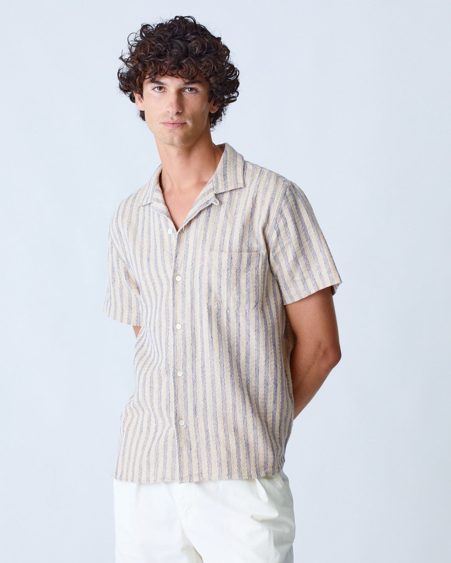 Blue striped Silveira shirt by La Paz, casual clothing with a classic button-up design, shown on a model.