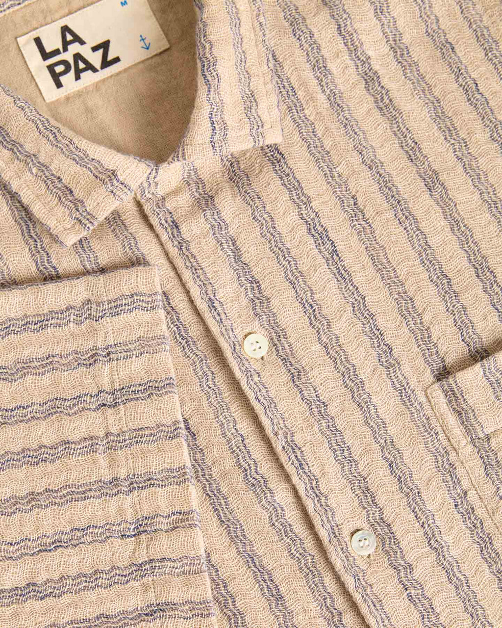 Blue striped Silveira shirt by La Paz, casual men's clothing with a classic button-up design and collar.