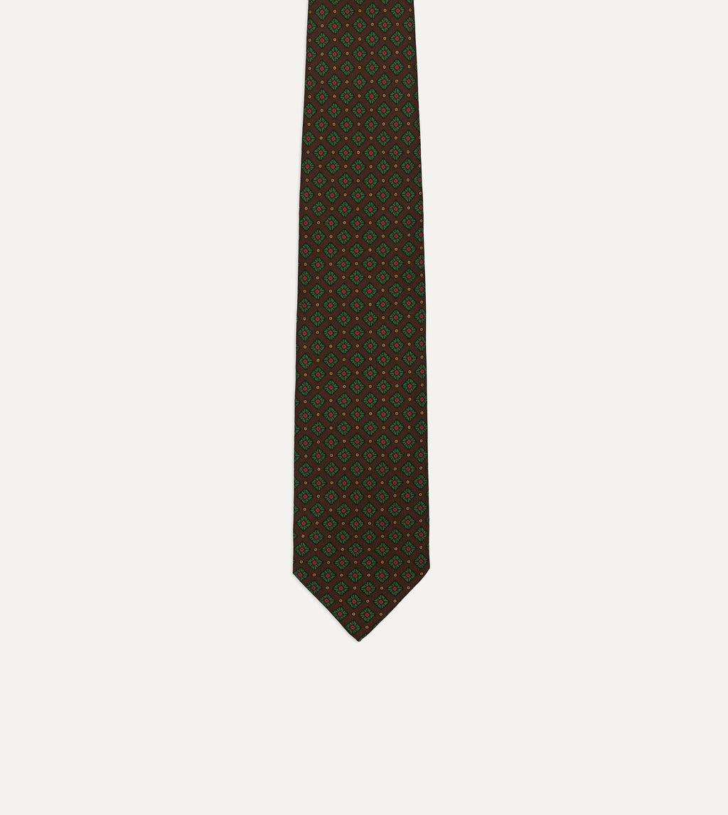 Mini Squares Dot Pattern Silk Tie - Dark Brown & Green