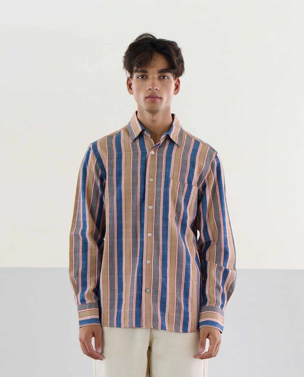 Button Up Shirt - Raw Organic Tan/Blue Stripe