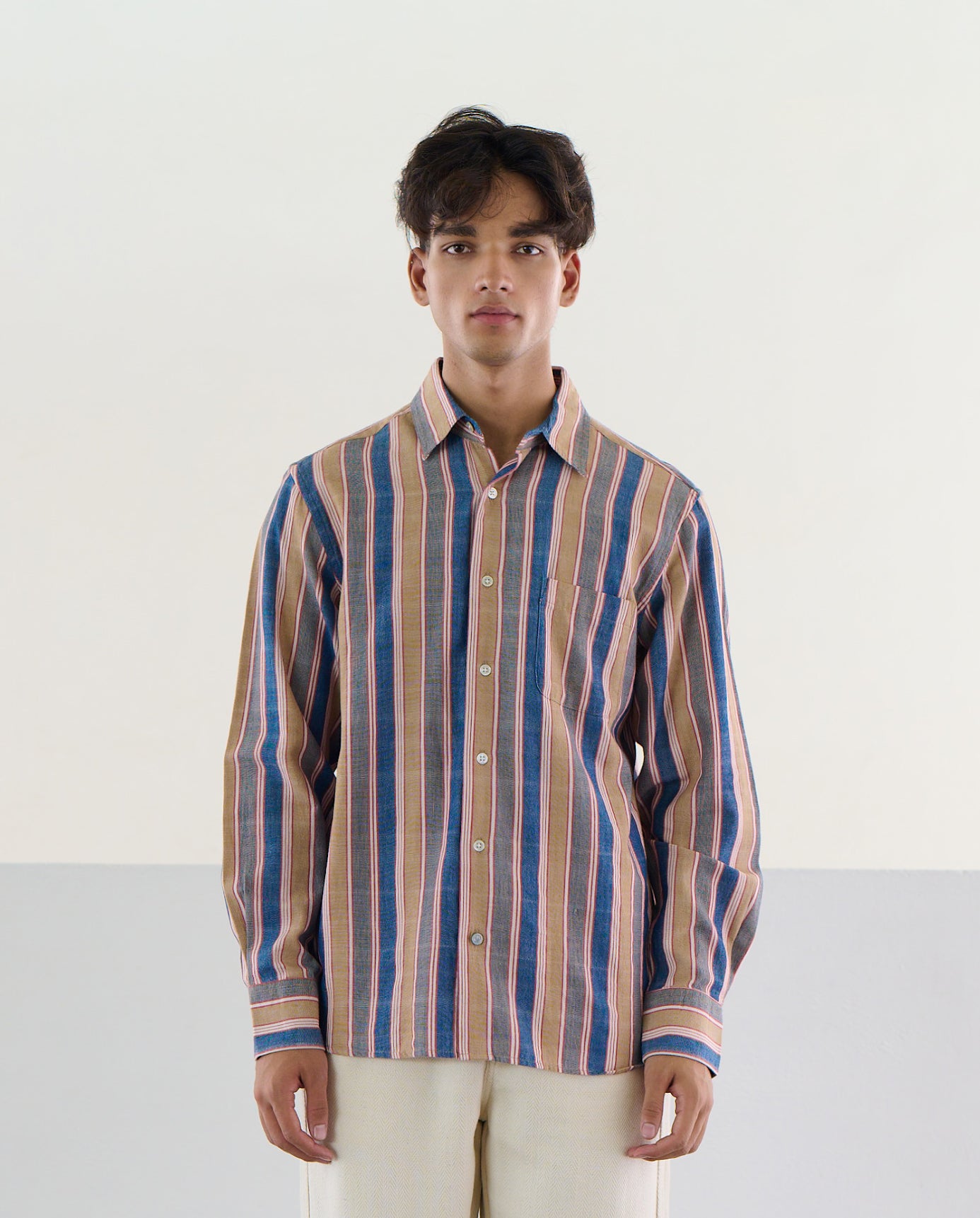Button Up Shirt - Raw Organic Tan/Blue Stripe