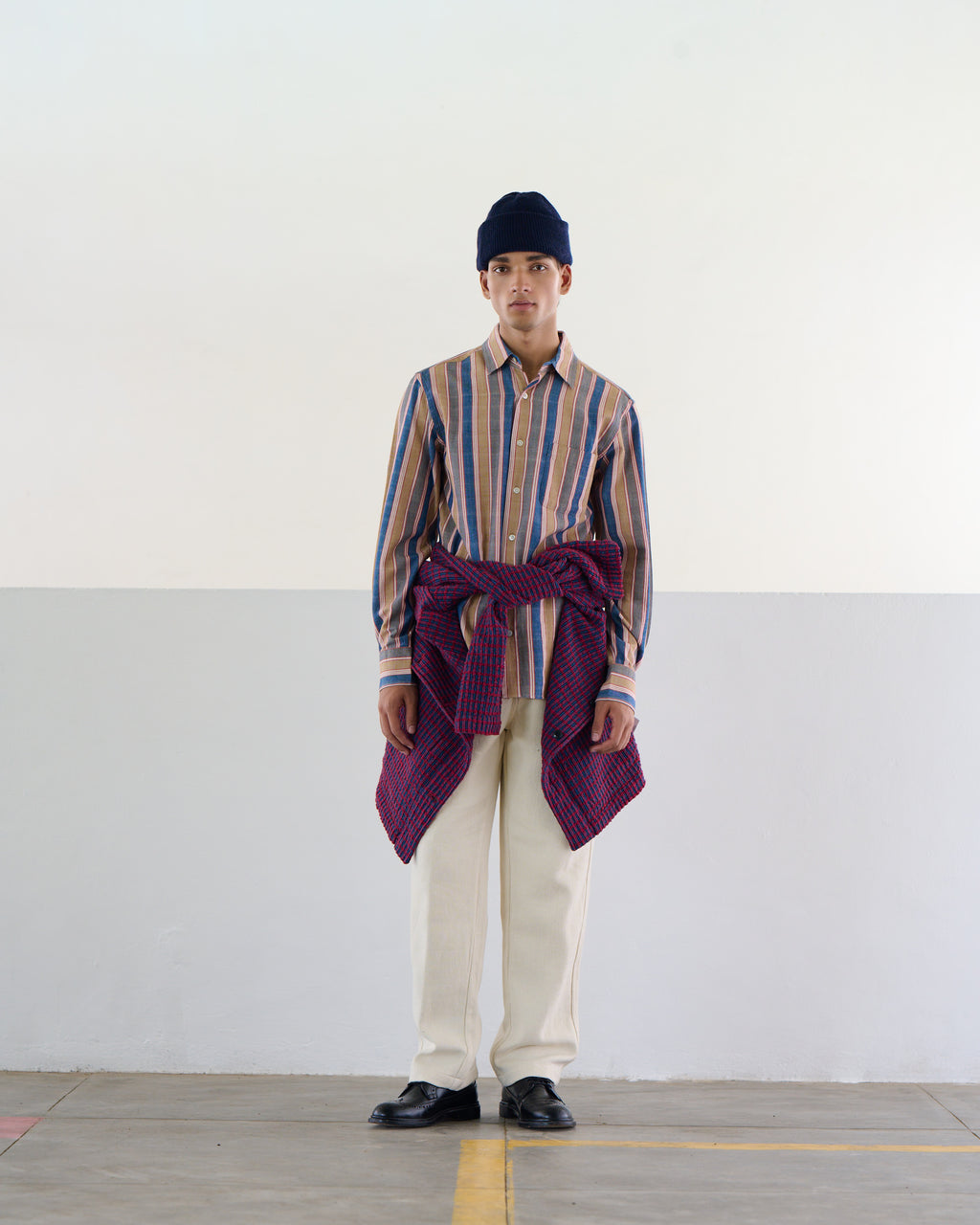 Button Up Shirt - Raw Organic Tan/Blue Stripe