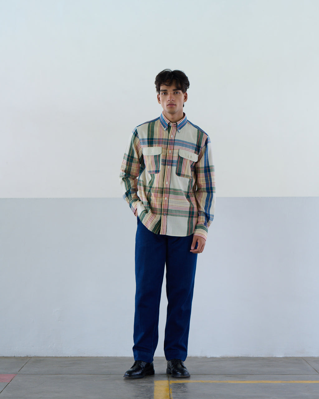 Twin Flap Button Down Shirt - Natural Blue Check