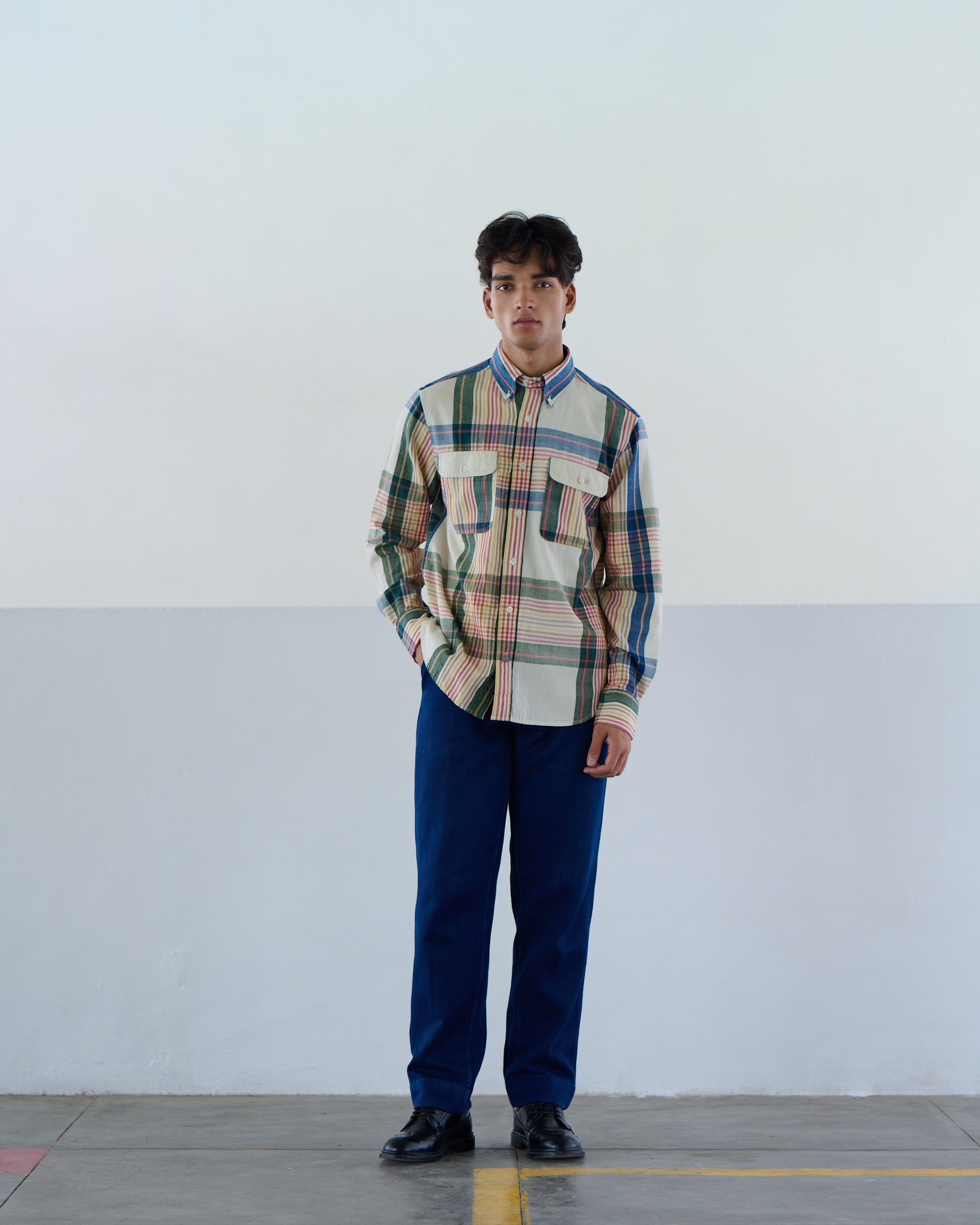 Twin Flap Button Down Shirt - Natural Blue Check