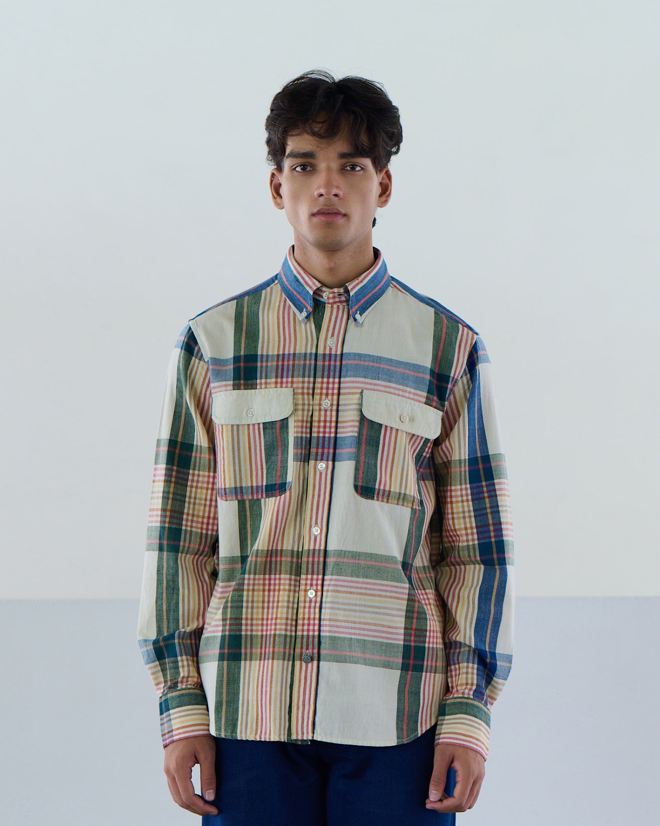 Twin Flap Button Down Shirt - Natural Blue Check