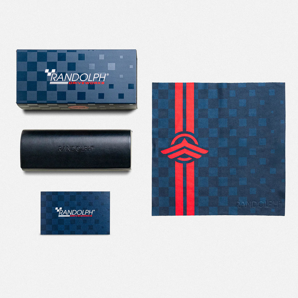 Randolph USA Aviator satin gunmetal and Le Mans Blue accessories packaging with product branding and sleek design.