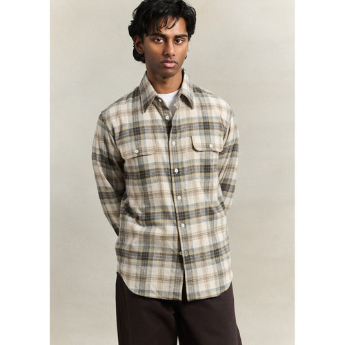 De Bonne Facture artist shirt in grey check brushed cotton, showcasing the casual collar and check pattern fabric.