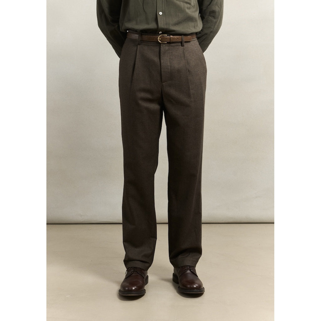 English Wool One Pleat Trousers - Olive Puppytooth