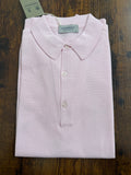 John Smedley Sea Island Cotton Pique Polo in Roth Pink, close-up of the soft, textured cotton fabric and classic polo collar.