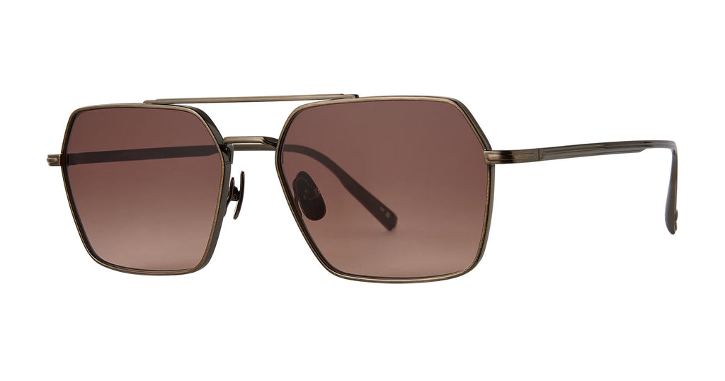 Garrett Leight Alta sunglasses in antique gold with semi-flat auburn gradient lenses and stylish frame detail.