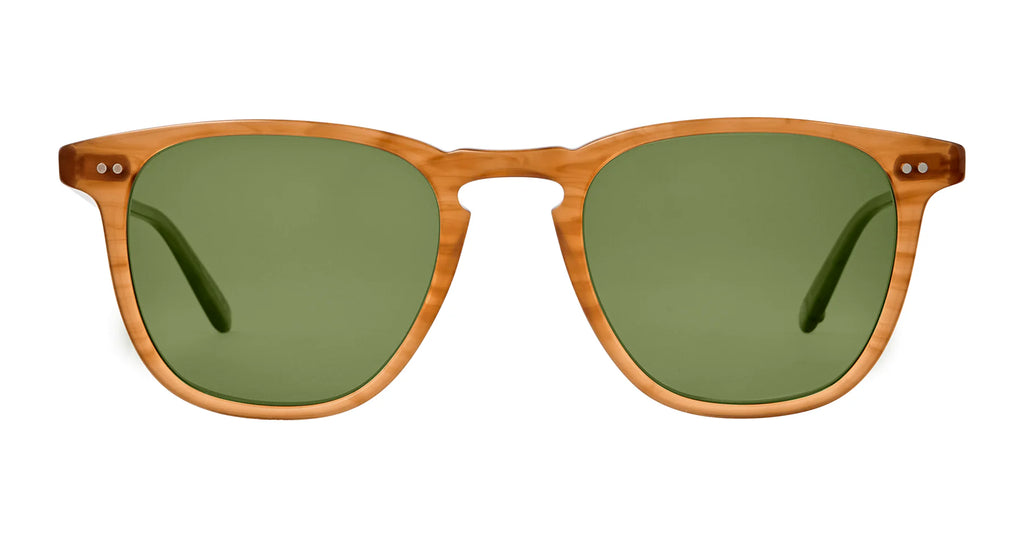 Garrett Leight Brooks sunglasses in butterscotch and green polar lenses, showcasing stylish, round-frame accessories.