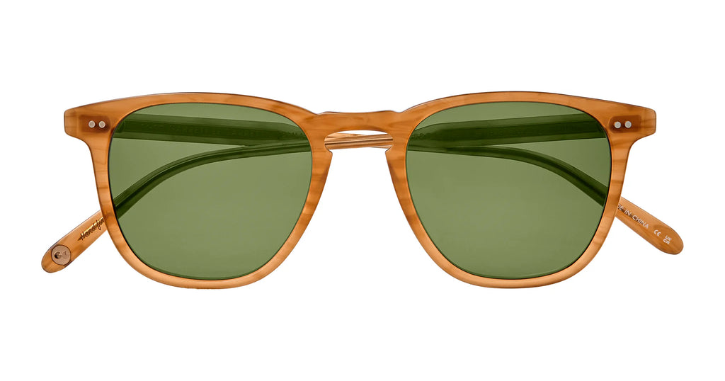 Garrett Leight Brooks sunglasses with butterscotch frames and green polarized lenses, showcasing stylish eyewear accessories.