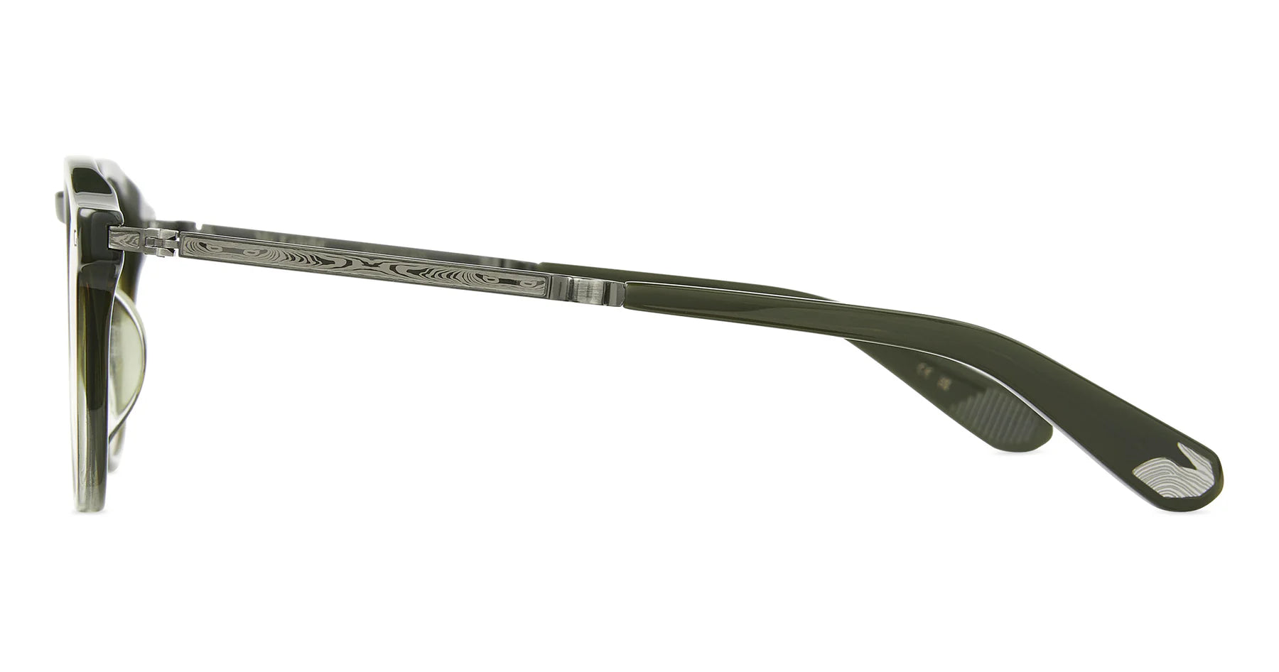 Garrett Leight Mr. Leight Dorian S sunglasses in forest fade-pewter with semi-flat vintage moss lenses and sleek accessory design