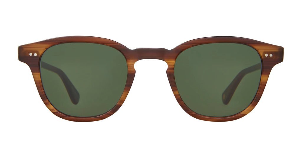 Garrett Leight Evan sunglasses with cherry wood frames and semi-flat Pure G15 lenses, stylish accessories for sun protection.