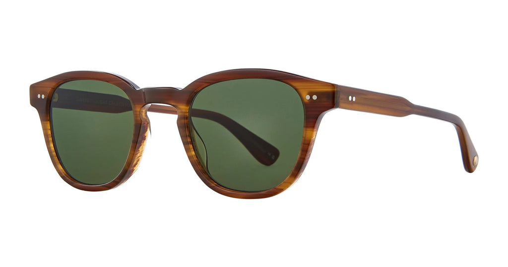 Garrett Leight Evan sunglasses with cherry wood frames and semi-flat design, featuring G15 tinted lenses.