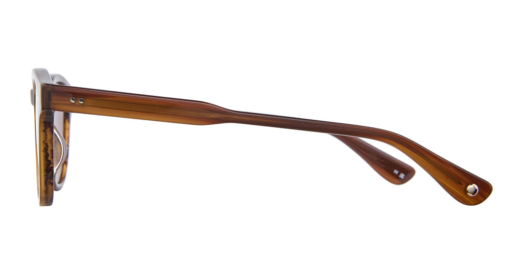 Garrett Leight Evan sunglasses with cherry wood frames and semi-flat design featuring G15 tinted lenses.