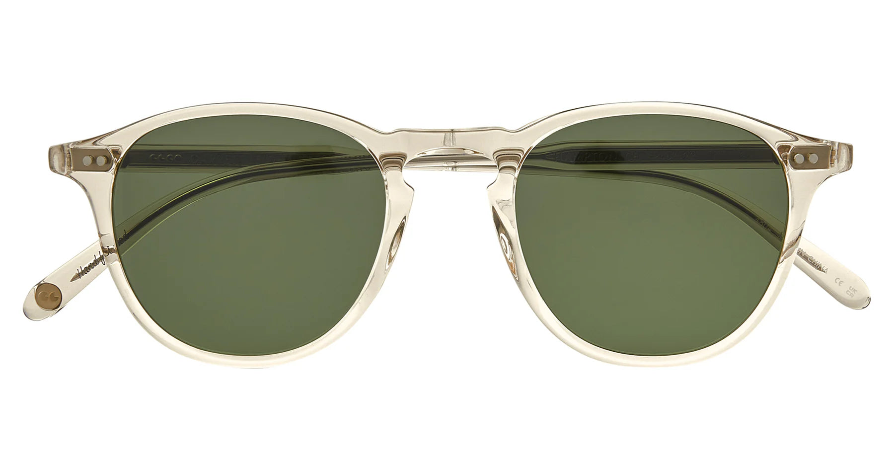 Garrett Leight Hampton sunglasses with champagne semi-flat frame and green tinted lenses, stylish accessory for sun protection.