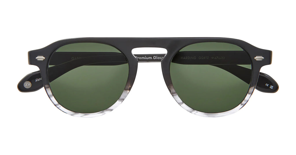 Garrett Leight Harding sunglasses with semi-flat grey quartz lenses and sleek accessory design, shown from front.