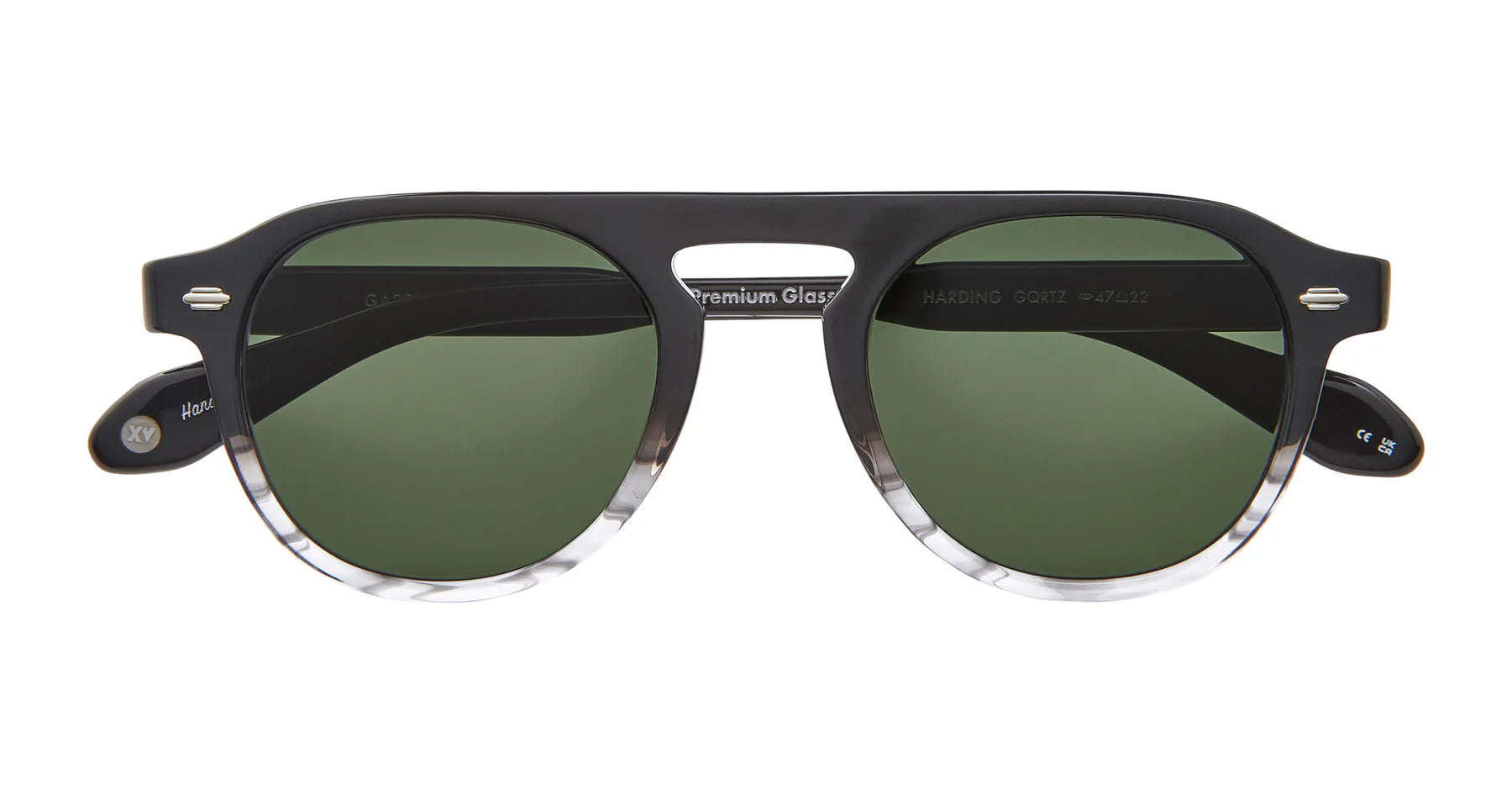 Garrett Leight Harding sunglasses with semi-flat grey quartz lenses and sleek accessory design, shown from front.