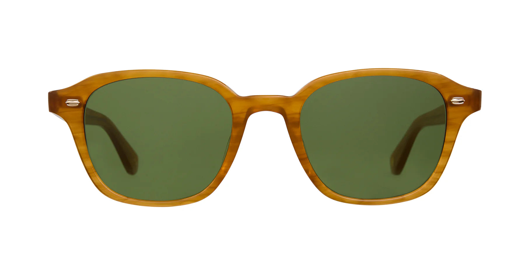 Garrett Leight Lachman sunglasses with butterscotch semi-flat frames and green tinted lenses, stylish accessory for sunny days.
