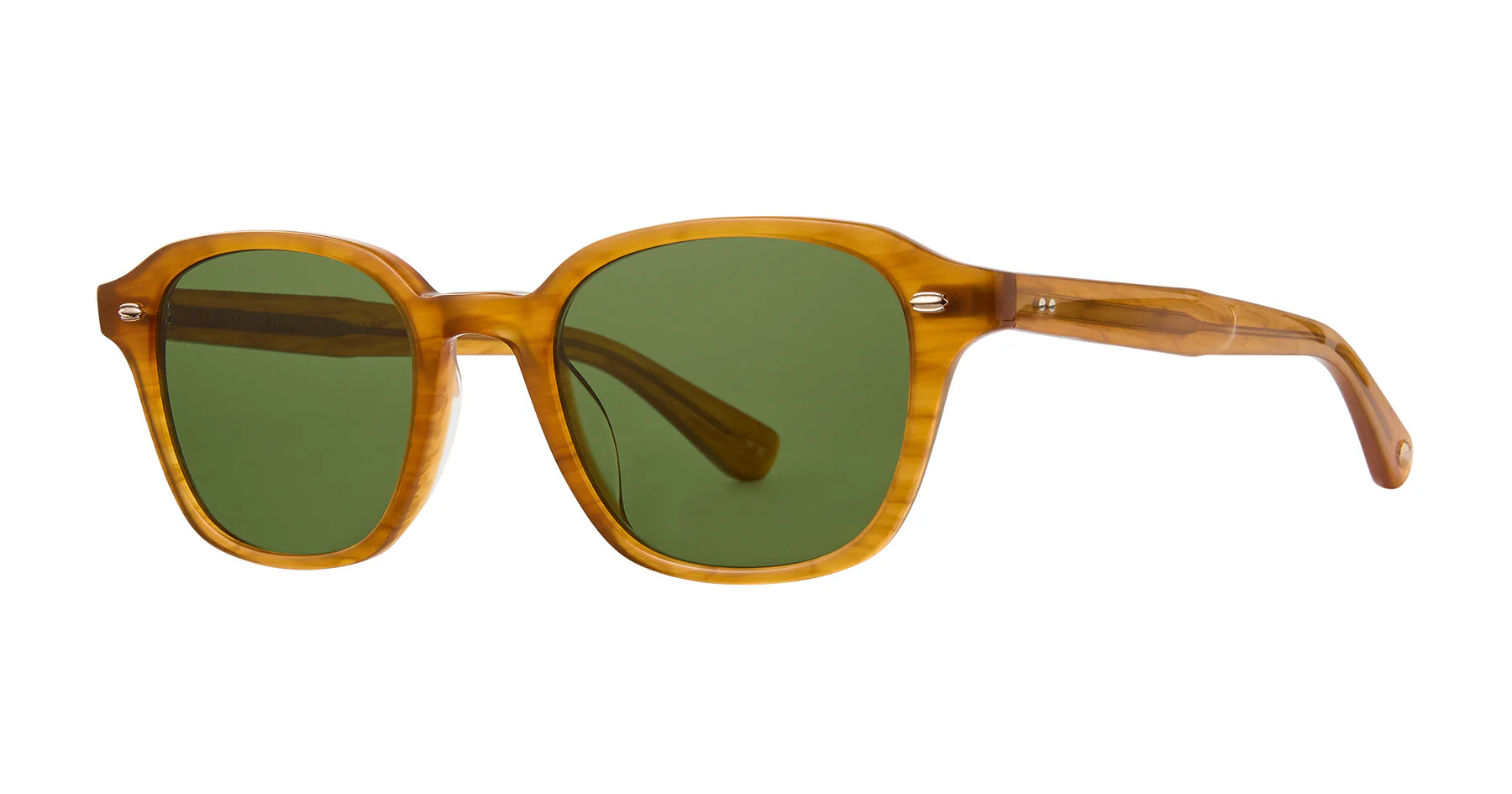 Garrett Leight Lachman sunglasses in butterscotch and semi-flat pure green with rounded frames and tinted lenses.