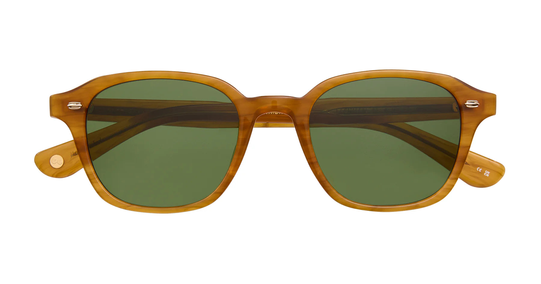 Garrett Leight Lachman sunglasses in butterscotch and semi-flat pure green with rounded frames and tinted lenses.