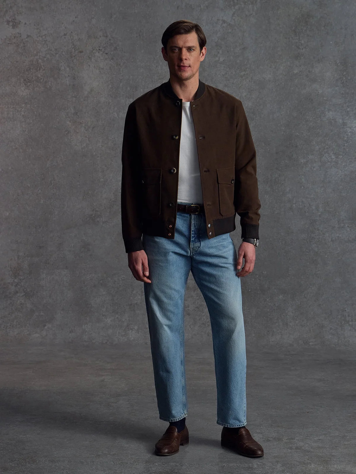 Brown Moleskin Bomber jacket by Private White V.C. featuring a classic design, visible collar, and front zipper detail.
