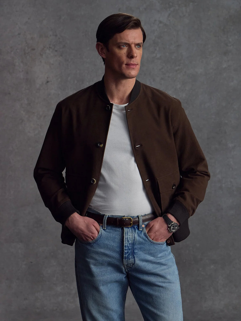 Brown Moleskin Bomber jacket by Private White V.C. featuring a tailored fit and classic design, shown on a model.