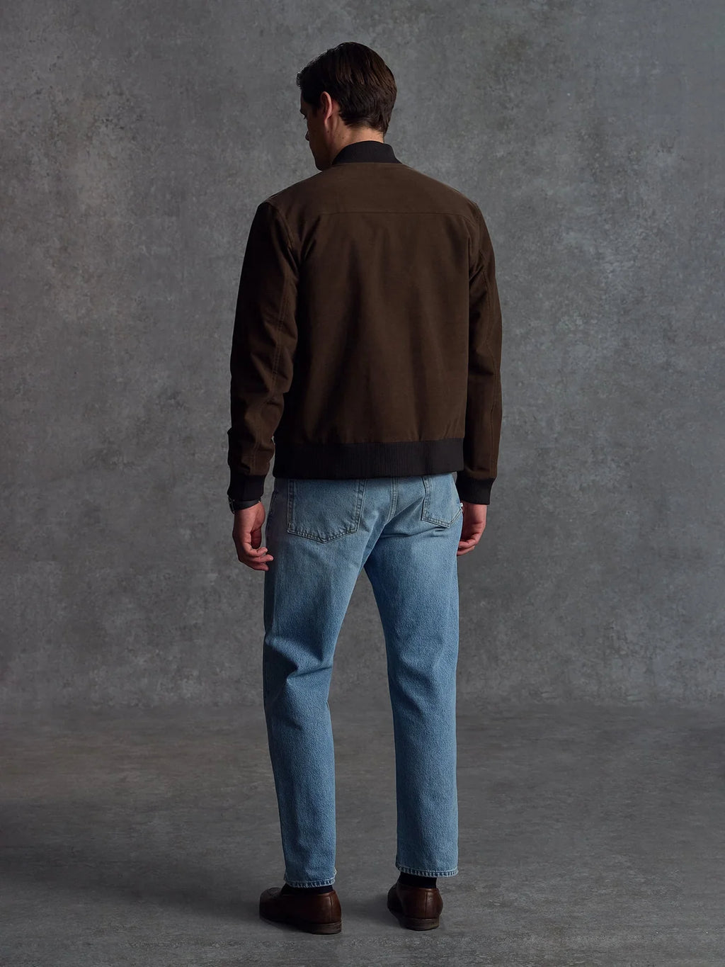 Private White V.C. Moleskin Bomber in brown, stylish men's clothing with a smooth, textured moleskin fabric and classic bomber design.