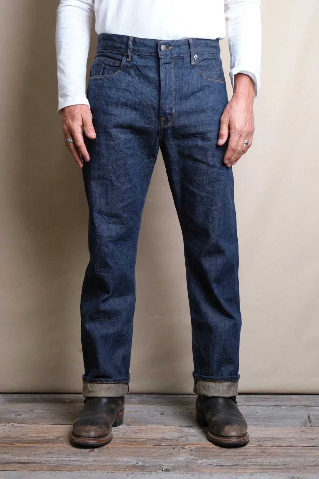 Freenote Belford straight 13 oz rinsed denim jeans, showcasing a classic fit with a clean, dark indigo wash.