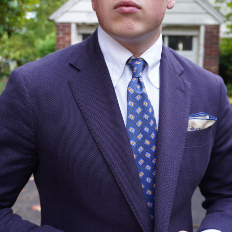 Oblong Tile Print Silk Tie, Blue & Yellow