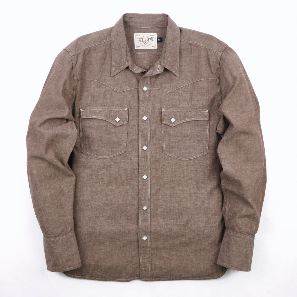 Freenote Calico Western Shirt in dusty brown, casual button-up clothing with Western-style design and plaid pattern.