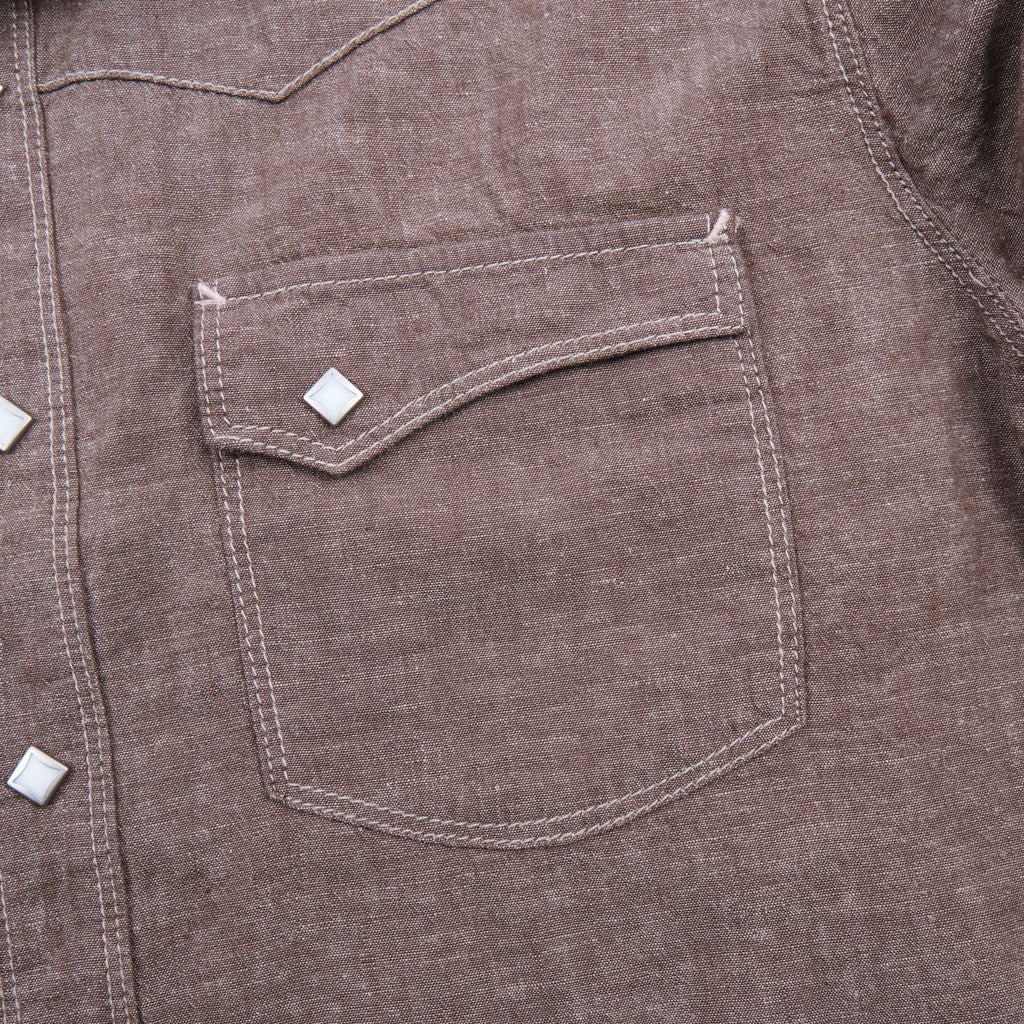 Freenote Calico Western shirt in dusty brown, casual men's clothing with button-up front and Western-style yoke details.