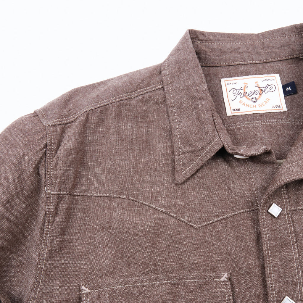 Freenote Calico Western shirt in dusty brown with button-up front and pointed collar, casual Western-inspired clothing for men.