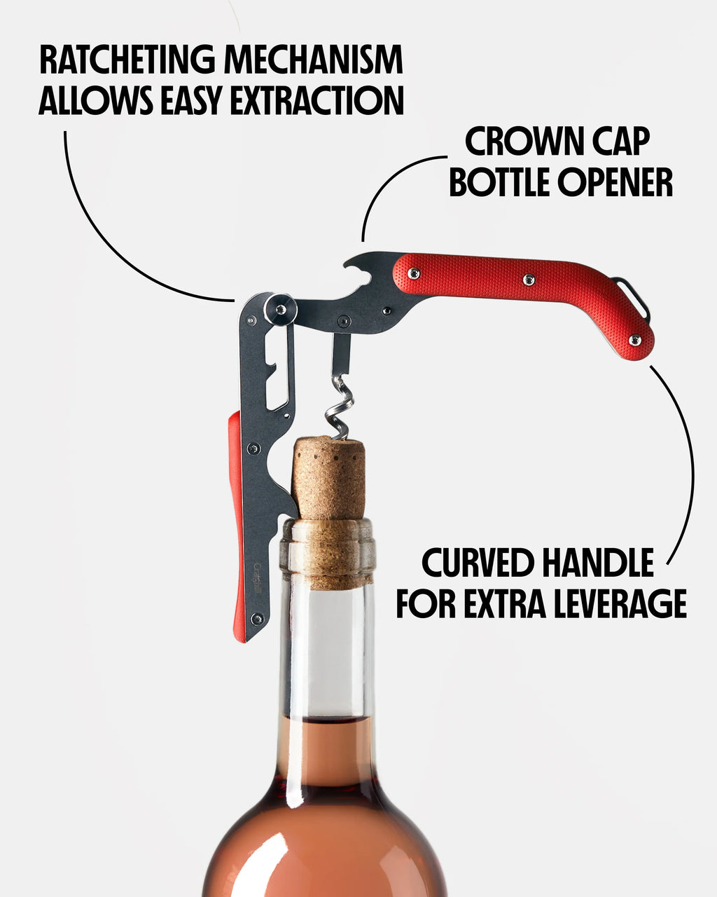 Close-up of the Craighill Best Wine Key Noir, a sleek, black wine corkscrew with a modern design and ergonomic handle.
