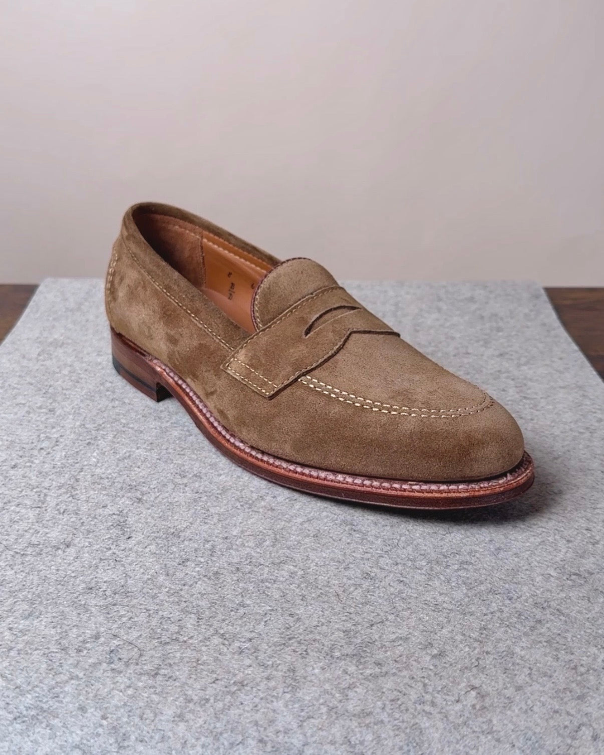 Alden Copley Penny Loafer in snuff suede, showcasing classic slip-on footwear with a sleek design and smooth suede finish.
