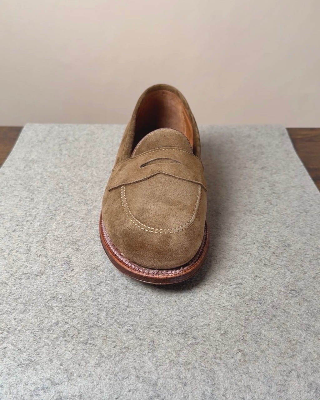 Alden Copley Penny Loafer in Snuff Suede, showcasing classic slip-on footwear with smooth suede finish and detailed stitching.