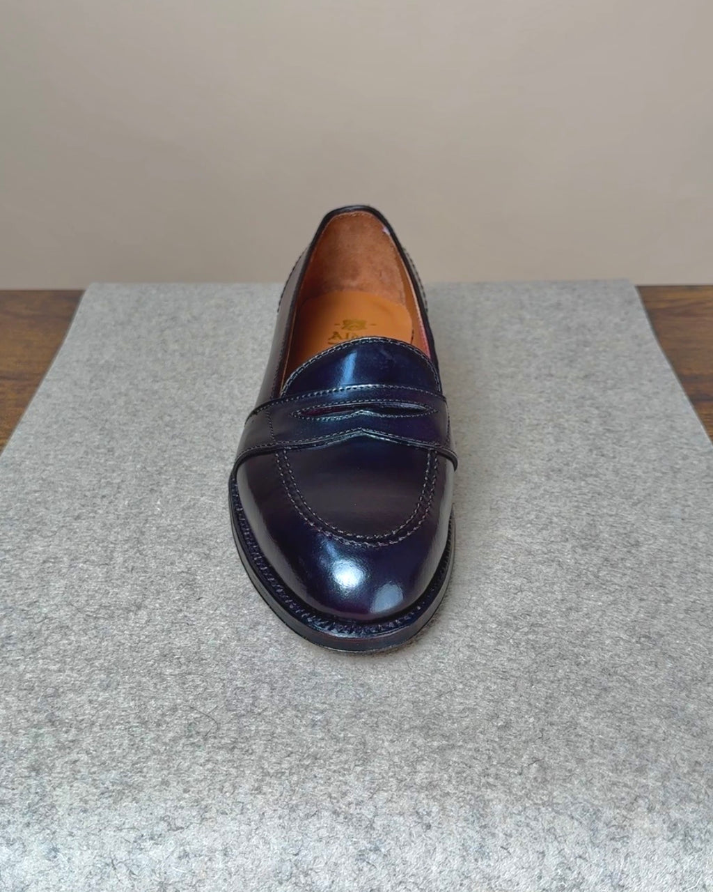 Alden full strap penny loafer in Color 8 Shell Cordovan leather, showcasing classic footwear style with a full strap design.