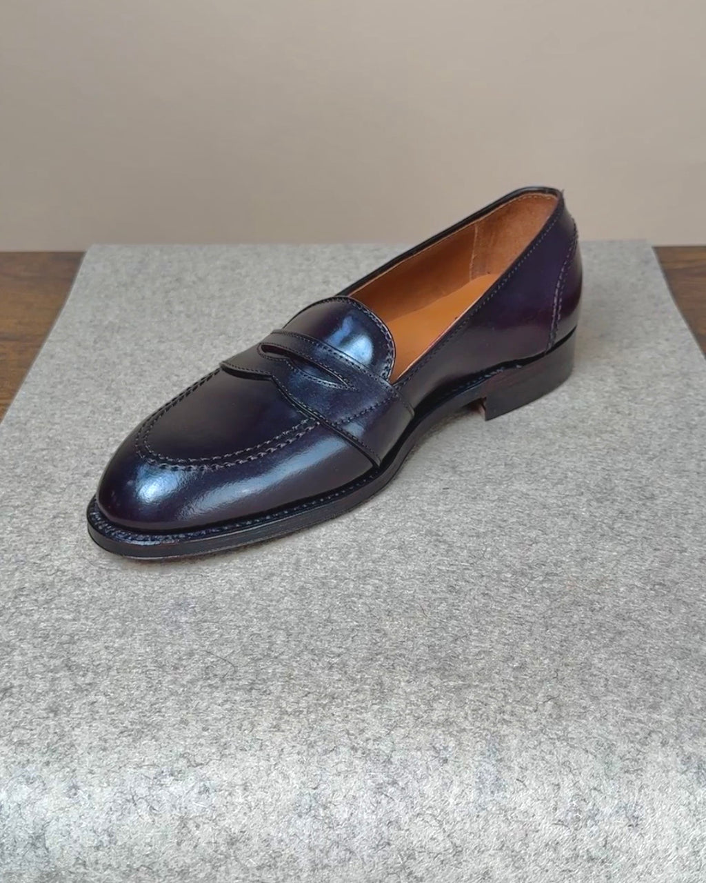 Alden Full Strap Penny Loafer in Color 8 Shell Cordovan showing a classic leather footwear design with full strap detail.